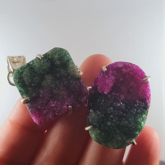 Sterling Silver Rainbow Drusy Pendant Raw Slice Gem Crystal Quartz 2.5" - Picture 3 of 10